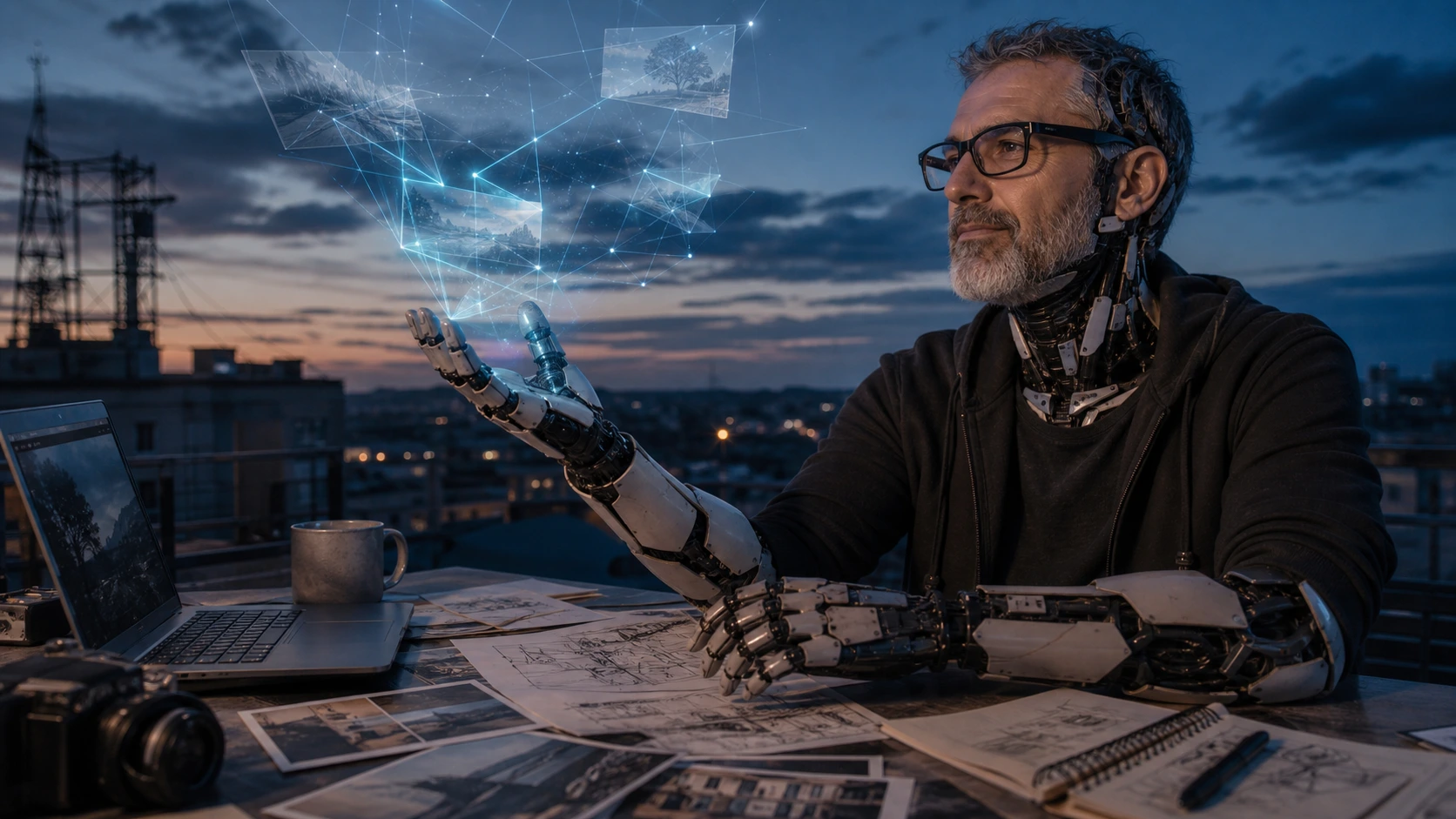Ein cooler Cyborg als Sinnbild für KI in einer kreativen Arbeitsumgebung